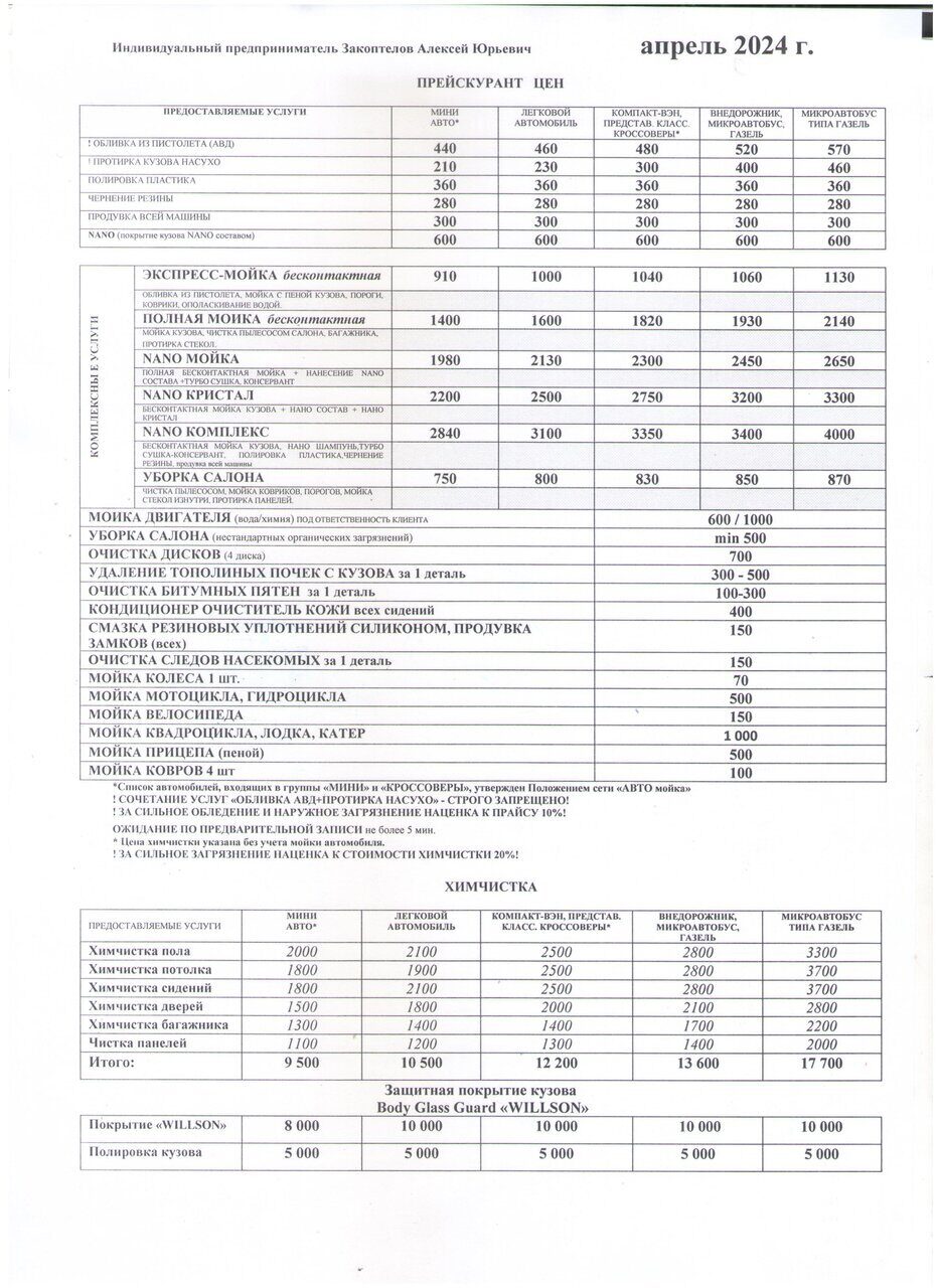 Прайс-лист на услуги автомойки Прейскурант на химчистку салона Автомойка  MAXI МОЙКА г. Пермь